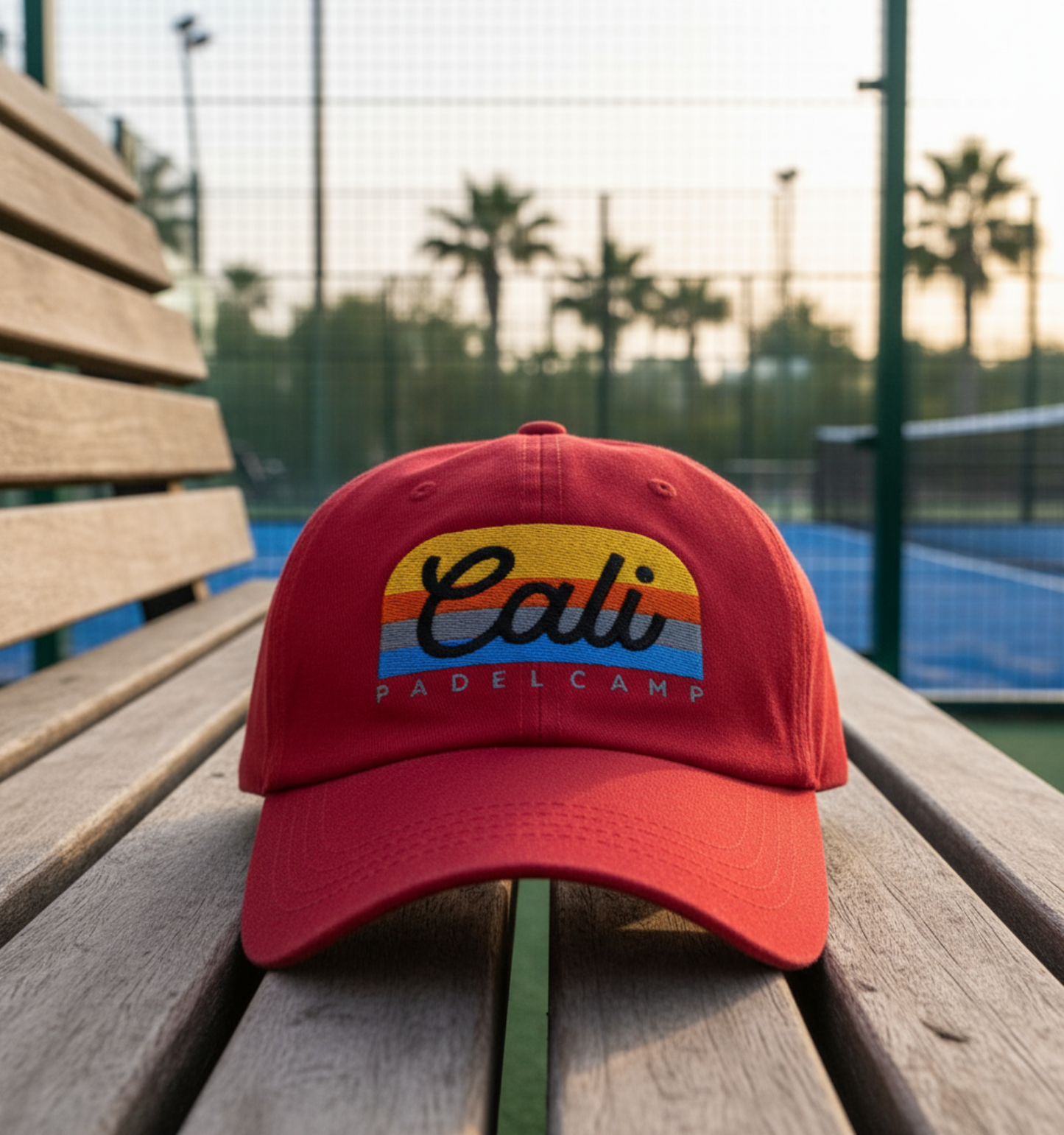 Red cap with 'Cali Padel Camp' logo on a wooden surface with a tennis court background