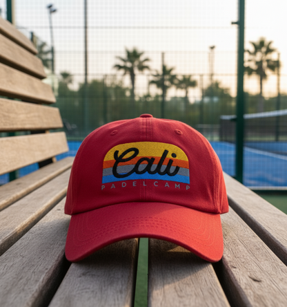Red cap with 'Cali Padel Camp' logo on a wooden surface with a tennis court background